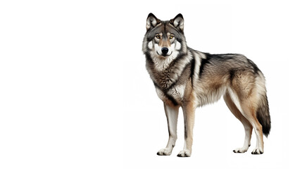  wolf, standing, alert pose, full body, side view, gray and tan fur, white background, realistic, detailed, studio lighting, wildlife photography, majestic, predator, canine, natural habitat, isolated