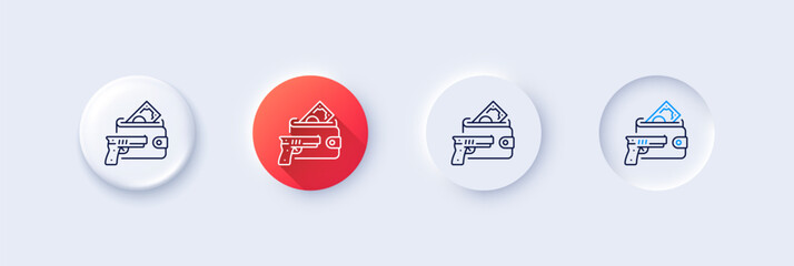 Wall Mural - Armed robbery line icon. Neumorphic, Red gradient, 3d pin buttons. Money fraud crime sign. Thief with gun steal cash symbol. Line icons. Neumorphic buttons with outline signs. Vector