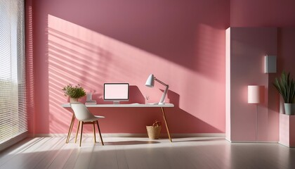 Aufkleber -  A minimalist workspace features a calm open space with a smooth surface, a muted pink wall,_1(430)