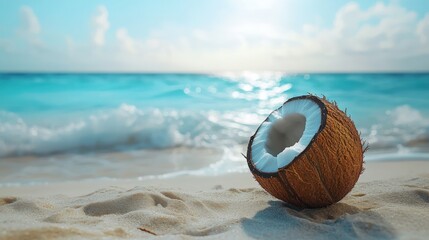 Wall Mural - A broken coconut rests on a sandy beach beside gentle ocean waves during sunset