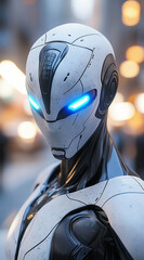 Poster - A white and black humanoid robot with blue glowing eyes looks forward, standing in a city setting with blurry lights in the background