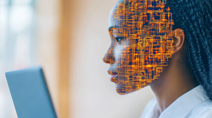 Canvas Print - A young Black woman's face is overlaid with a glowing circuit board pattern, suggesting a connection to technology.