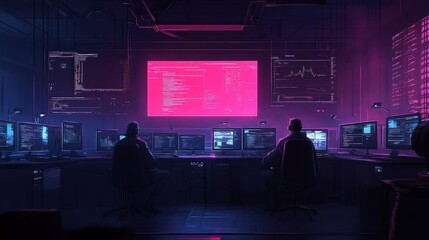 Two figures sit in front of computer monitors in a dark, futuristic control room. The large screen in the background displays code in bright pink letters.