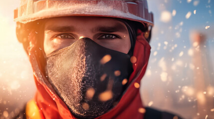 Canvas Print - Close-up of a man's face wearing a black face mask, red jacket, and hardhat, with a snowy background.