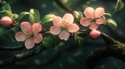 delicate pink blossoms on a tree branch with green leaves and a blurred background.