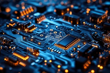 Poster - Detailed view of a circuit board with glowing components and intricate pathways at night