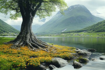 Wall Mural - Majestic Tree with Roots by Serene Lake and Mountains