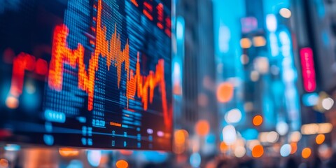 Poster - A vibrant cityscape featuring a digital display of financial data trends amidst illuminated streets.