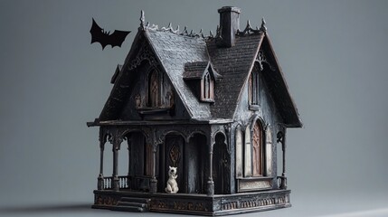 Wall Mural - gothic toy house with dark paint, tiny gargoyle decorations, bat decals, isolated on a shadowy gray 