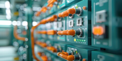 Poster - a close-up view of connected electronic components with orange cables, emphasizing the intricate design of networking equipment.