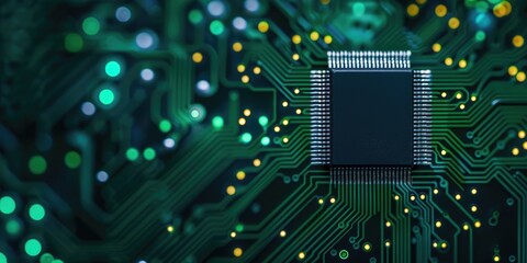 Poster - A close-up of a green circuit board featuring a central microchip, showcasing intricate patterns and colorful LED lights, symbolizing technology and innovation.