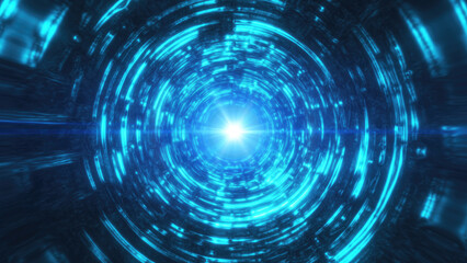Poster - A futuristic tunnel with blue light radiating from the center, giving a cyberpunk and high-tech ambiance with glowing, circular energy waves background