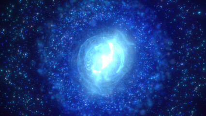 Poster - A vibrant blue nebula sphere with a bright core, surrounded by shimmering particles in a star-filled cosmic background