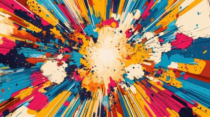 Poster - A vibrant explosion of colors with abstract splashes and dynamic lines radiating from a central point.