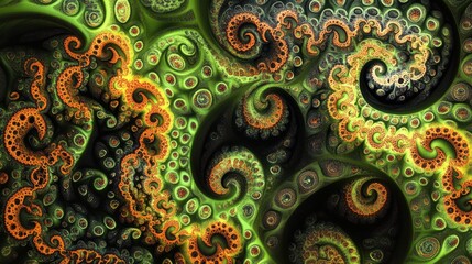 Poster - A vibrant abstract pattern featuring intricate green and orange swirls, creating a visually captivating design.