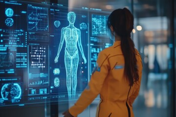 Poster - a researcher analyzes a digital hologram of the human body in a laboratory environment