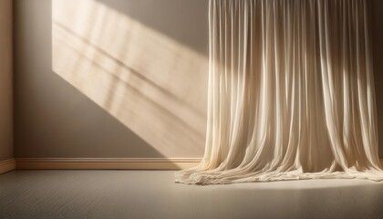 Aufkleber -  Light filters through sheer curtains, casting subtle shadows on a textured wall in an empty_1(1406)