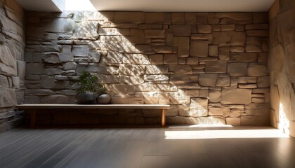 Aufkleber -  Light filters through a rough stone wall, casting geometric patterns on a minimalist room w_1(1402)