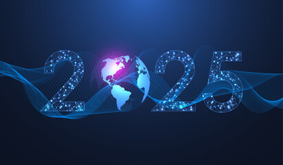 Fototapete - Digital technology abstract poster template 2025 with circuit board texture. Tech digital banner or header 2025 New year