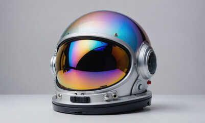 Wall Mural - A silver astronaut helmet with an iridescent finish sits on a white surface