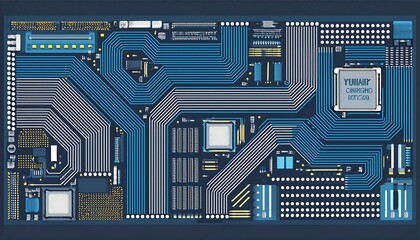 Poster -  Computer circuitry illustration features a light and dark blue colored motherboard with tec_1(1060)
