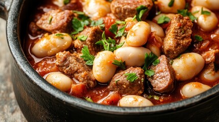 Wall Mural - A hearty cassoulet with tender beef, sausages, and white beans in savory tomato sauce garnished with fresh herbs in a rustic pot