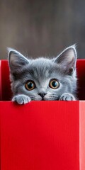 Wall Mural - A curious gray kitten peeks out from a bright red box. This charming image captures the playful spirit of cats. Ideal for pet lovers and animal enthusiasts. AI