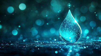 A single water drop on a dark blue surface with bokeh lights.