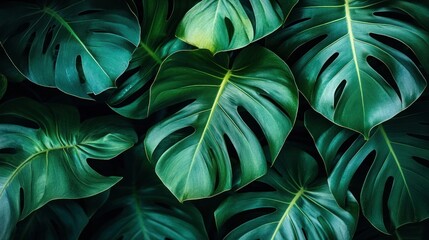 Sticker - Lush green tropical leaves background.