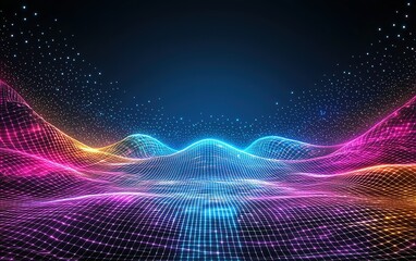 Poster - Vibrant digital landscape showcasing colorful waves illuminated against a dark background with sparkling stars