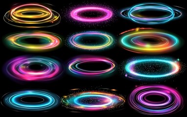 Poster - Colorful swirling light patterns create mesmerizing circular designs against a dark background in this vibrant visual display
