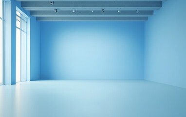Poster - Bright, empty blue room with large windows and sleek flooring inviting creativity and imagination