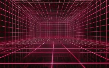 Poster - Neon grid pattern in a 3D space creating a vibrant virtual environment at night