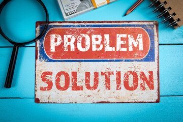 Wall Mural - problem solving concept. metal sign with text on a blue wooden background