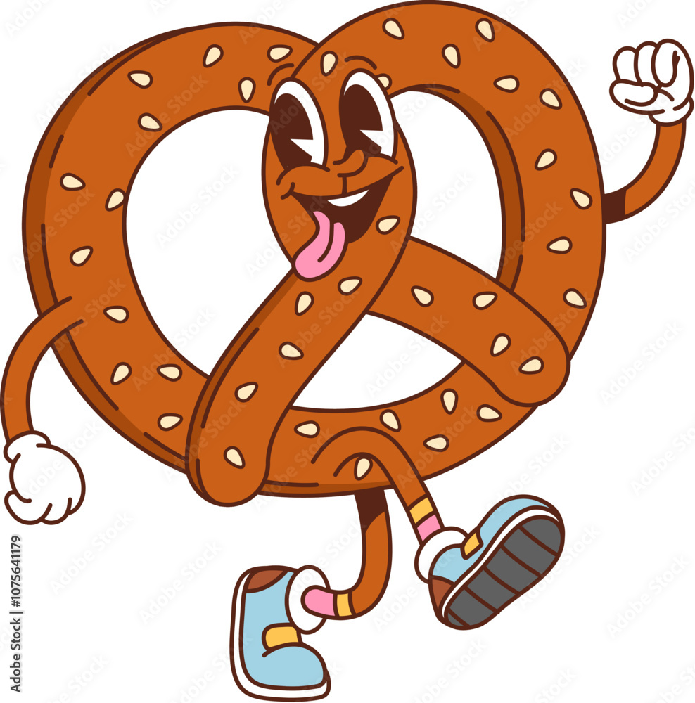 Groovy pretzel character with a playful expression, wearing colorful ...