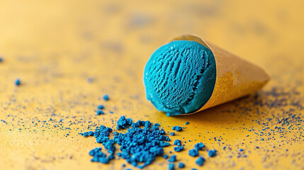 Wall Mural -   A blue scoop of ice cream rests atop a table, beside a heap of blue sprinkles