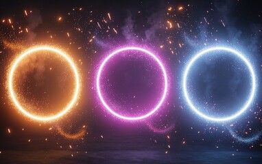 Poster - Colorful glowing circles with sparks illuminating a dark background during a creative light display event