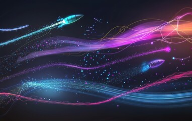 Poster - Colorful digital rockets flying through a cosmic background filled with vibrant trails and sparkling particles at night