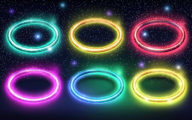 Poster - Colorful glowing rings of light in a cosmic setting with a starry background illuminating their vibrant hues at dusk