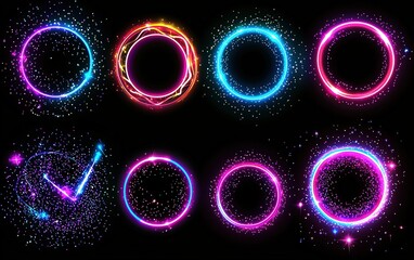 Poster - Colorful abstract circles and shapes glowing against a black background illustrating creativity and energy in digital design
