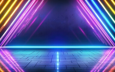 Poster - Vibrant neon light backdrop with glowing lines illuminating an empty stage in a dark environment