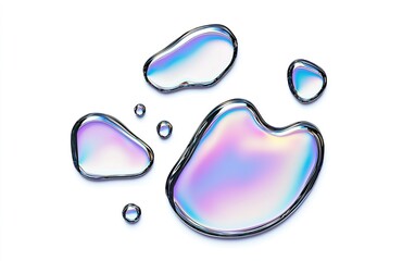 Poster - Colorful water droplets on a white background showcasing iridescent reflections and varied sizes in natural light