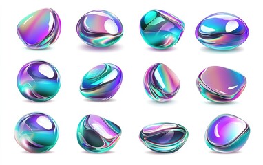 Poster - Colorful glass marbles of various shapes arranged in a grid with a glossy finish, reflecting light in vibrant hues on a white background