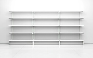 Poster - Modern minimalist white shelving unit showcasing multiple empty shelves in a well-lit space designed for organization and display