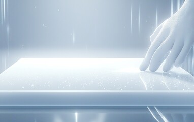 Poster - A hand delicately touches a glowing, translucent surface in a futuristic, luminous environment