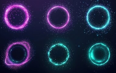 Poster - Colorful glowing circular effects with sparkling particles on a dark background in a vibrant display of light