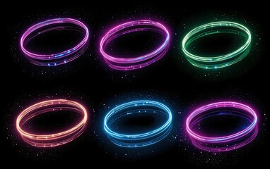 Poster - Colorful glowing rings with dynamic light trails set against a dark backdrop creating a captivating energy effect