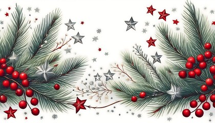  A festive Christmas design features tree branches with red berries and silver stars against_1(216)