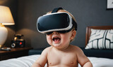 A baby is wearing a virtual reality headset and smiling while sitting on a bed