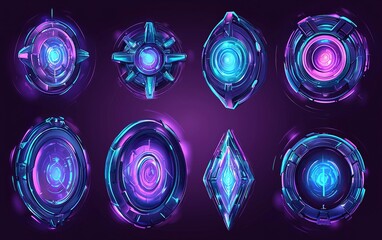 Poster - A collection of futuristic glowing energy orbs with a vibrant purple and blue color scheme against a dark background